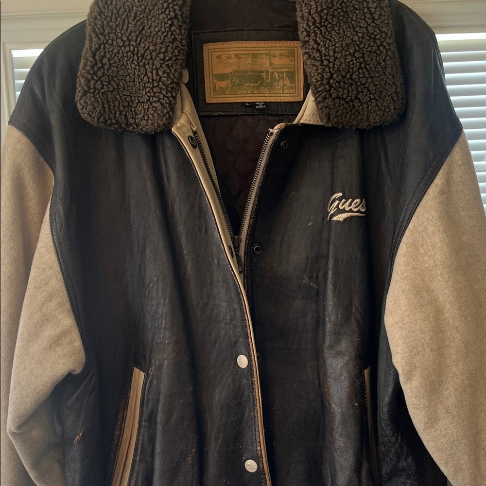 Guess Black Leather Varsity Jacket with Tan Sleeves & Sherpa Collar